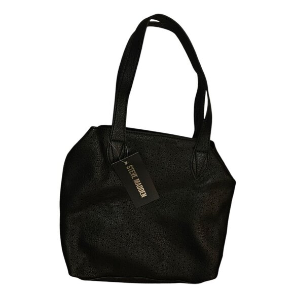 Nwt Steve Madden Black Perforated Tote Bag With detachable strap  Gold Accents - Picture 7 of 16
